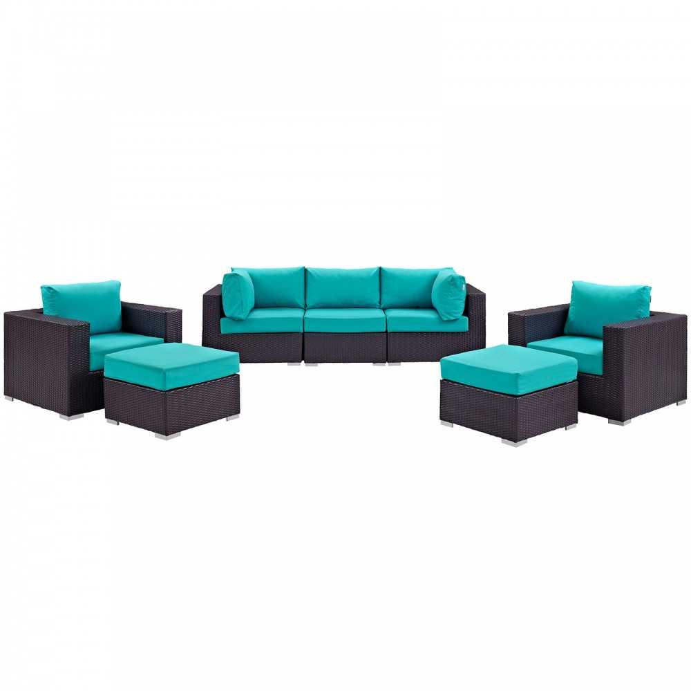 Convene 7 Piece Outdoor Patio Sectional Set, Espresso Turquoise, EEI-2200-EXP-TRQ-SET