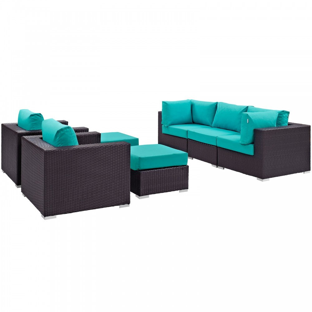 Convene 7 Piece Outdoor Patio Sectional Set, Espresso Turquoise, EEI-2200-EXP-TRQ-SET