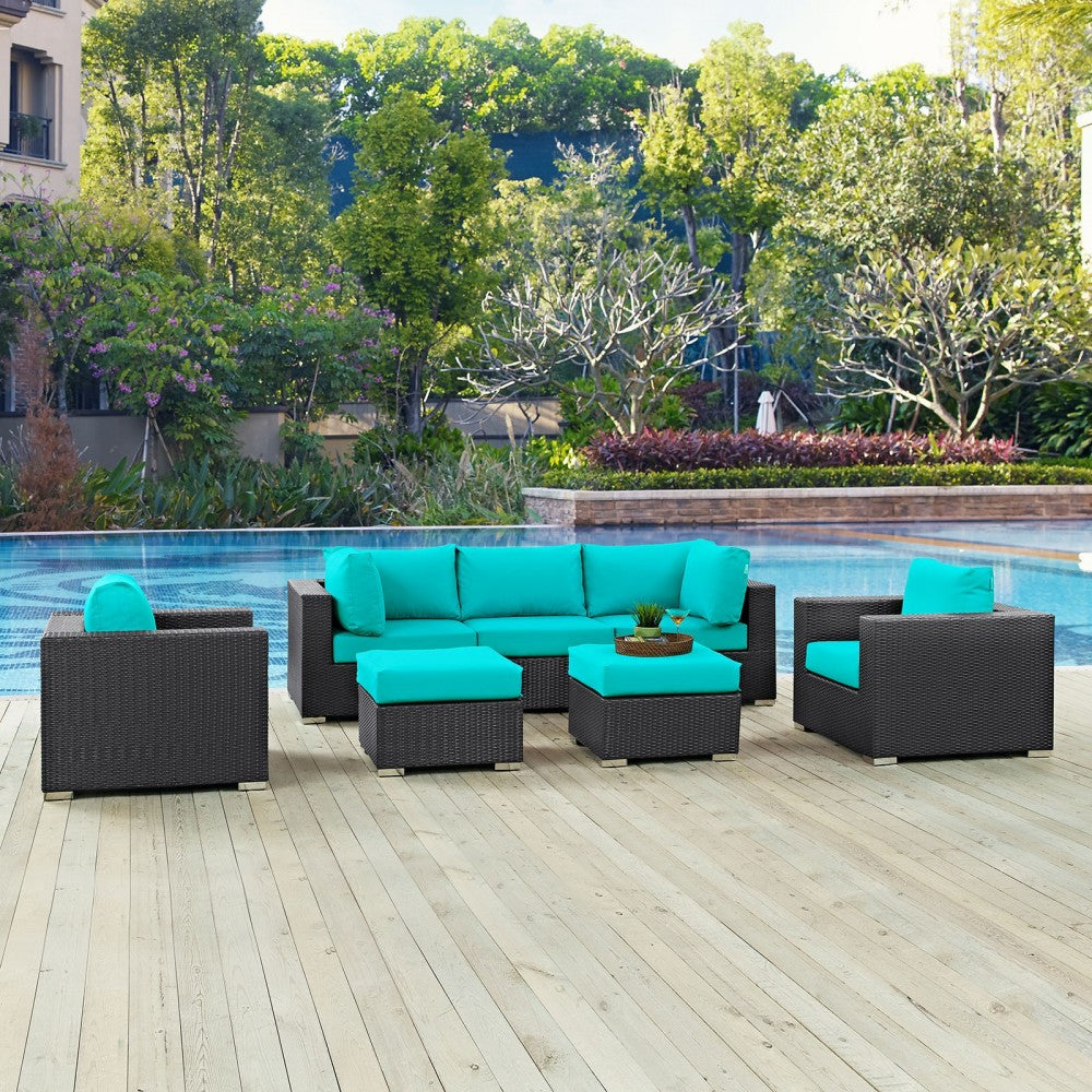 Convene 7 Piece Outdoor Patio Sectional Set, Espresso Turquoise, EEI-2200-EXP-TRQ-SET