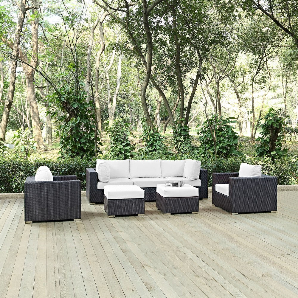 Convene 7 Piece Outdoor Patio Sectional Set, Espresso White, EEI-2200-EXP-WHI-SET
