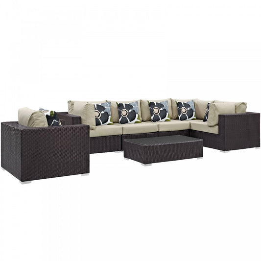 Convene 7 Piece Outdoor Patio Sectional Set, Espresso Beige, EEI-2350-EXP-BEI-SET