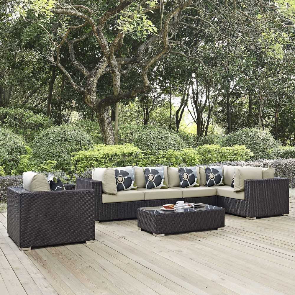 Convene 7 Piece Outdoor Patio Sectional Set, Espresso Beige, EEI-2350-EXP-BEI-SET