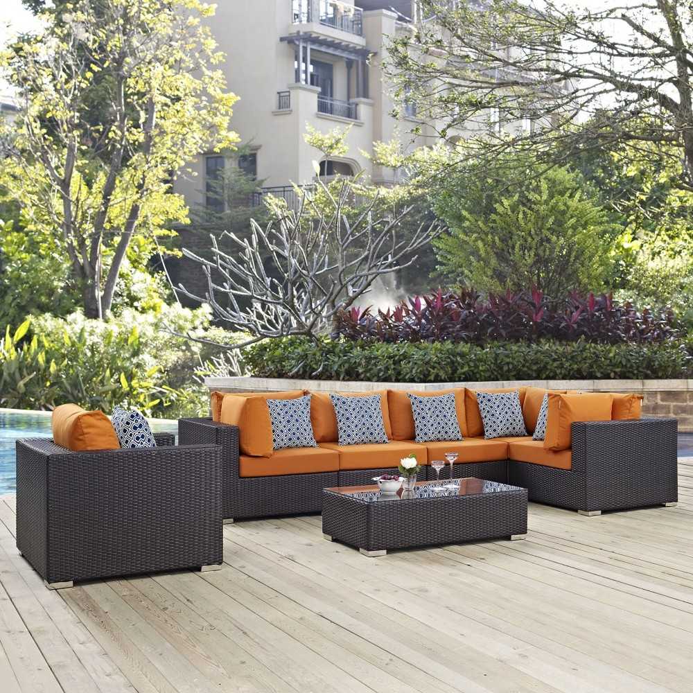 Convene 7 Piece Outdoor Patio Sectional Set, Espresso Orange, EEI-2350-EXP-ORA-SET