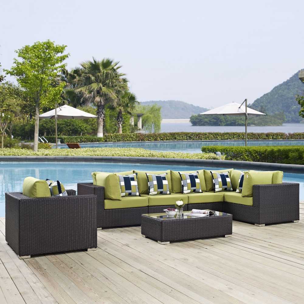 Convene 7 Piece Outdoor Patio Sectional Set, Espresso Peridot, EEI-2350-EXP-PER-SET