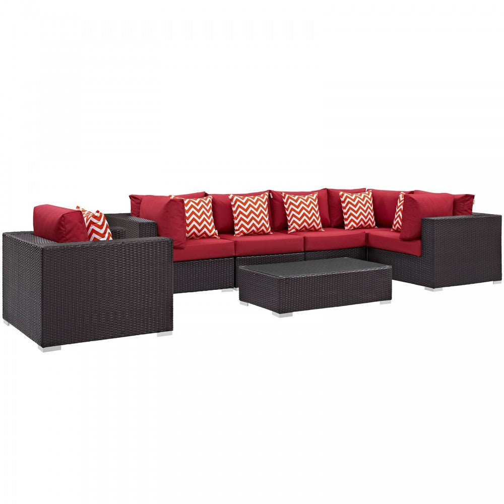 Convene 7 Piece Outdoor Patio Sectional Set, Espresso Red, EEI-2350-EXP-RED-SET