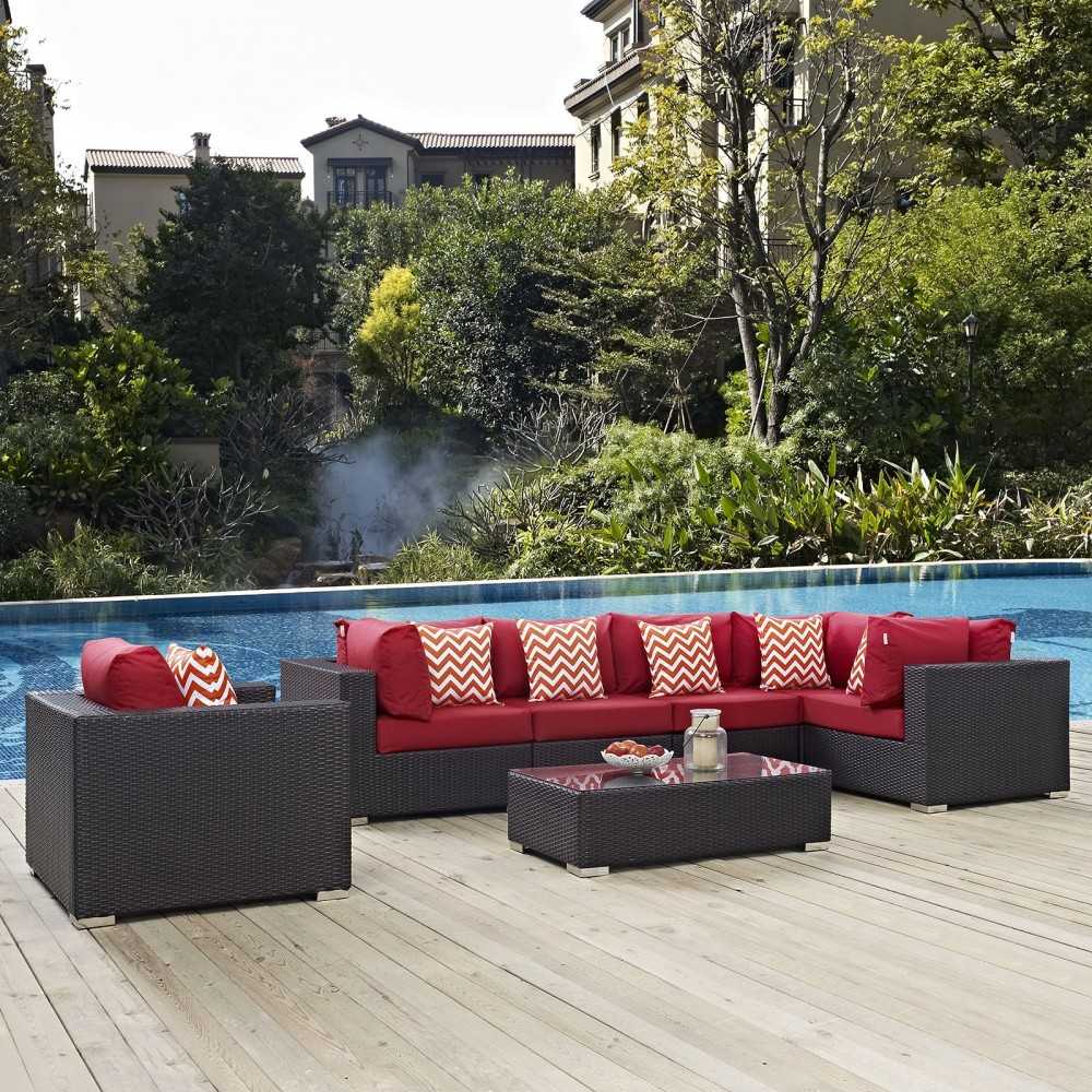 Convene 7 Piece Outdoor Patio Sectional Set, Espresso Red, EEI-2350-EXP-RED-SET