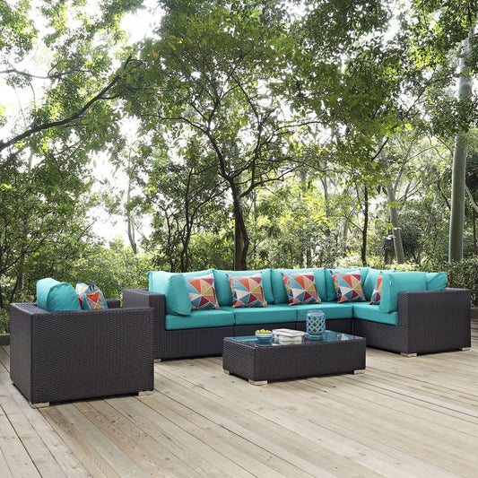 Convene 7 Piece Outdoor Patio Sectional Set, Espresso Turquoise, EEI-2350-EXP-TRQ-SET