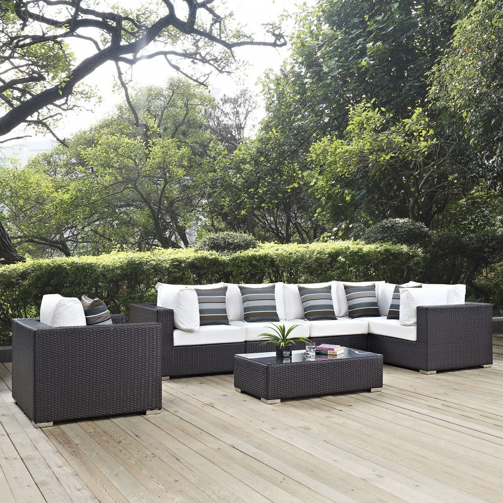 Convene 7 Piece Outdoor Patio Sectional Set, Espresso White, EEI-2350-EXP-WHI-SET