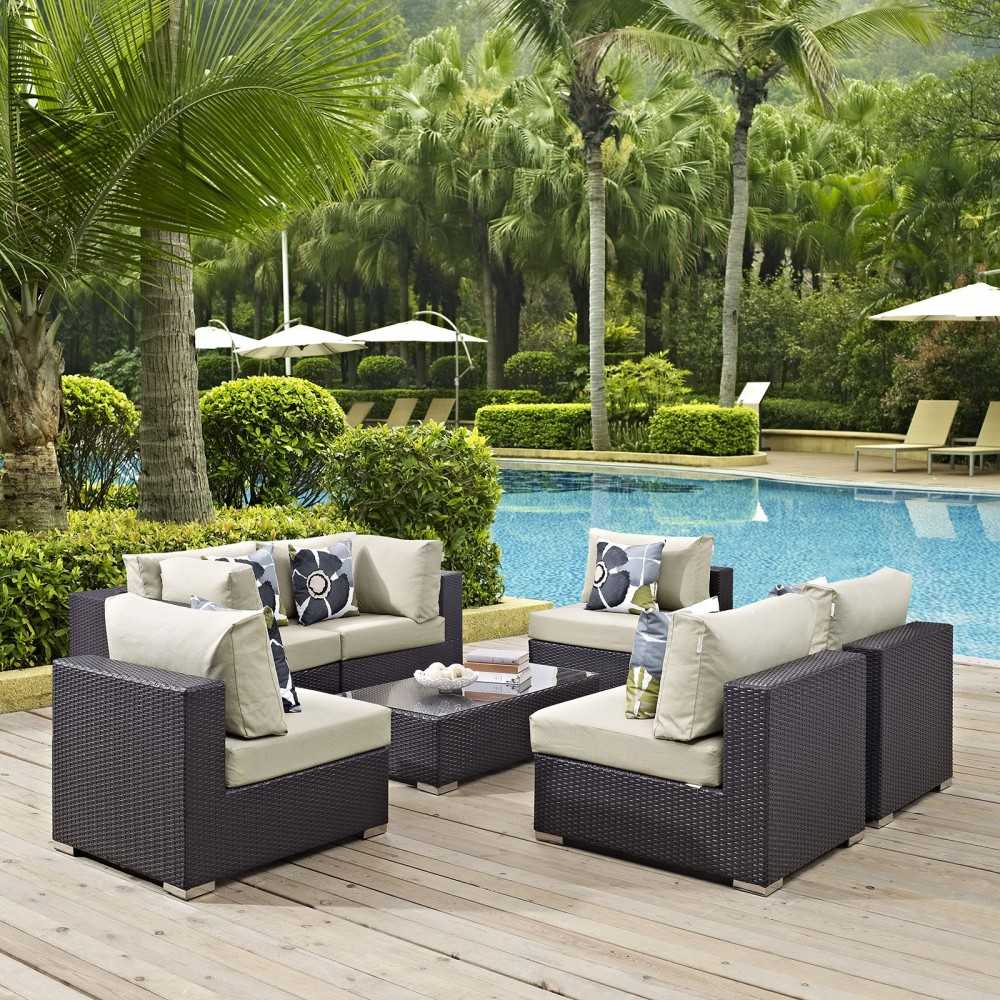 Convene 7 Piece Outdoor Patio Sectional Set, Espresso Beige, EEI-2357-EXP-BEI-SET