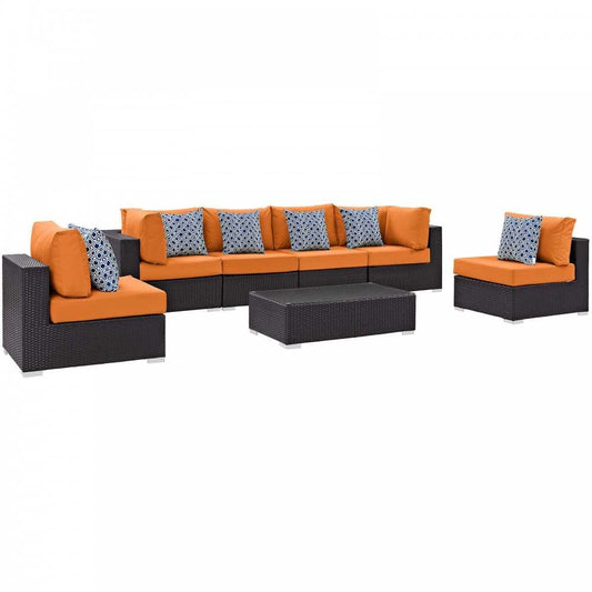 Convene 7 Piece Outdoor Patio Sectional Set, Espresso Orange, EEI-2357-EXP-ORA-SET