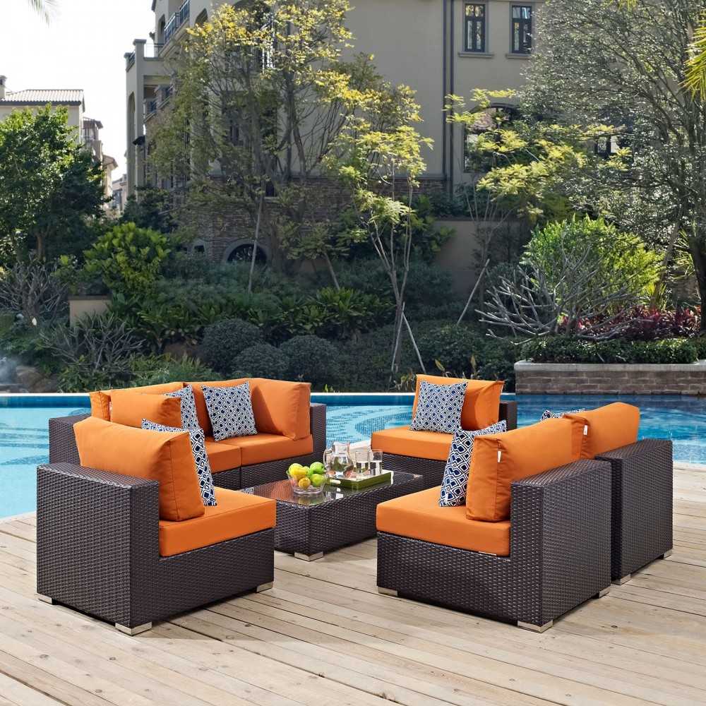 Convene 7 Piece Outdoor Patio Sectional Set, Espresso Orange, EEI-2357-EXP-ORA-SET