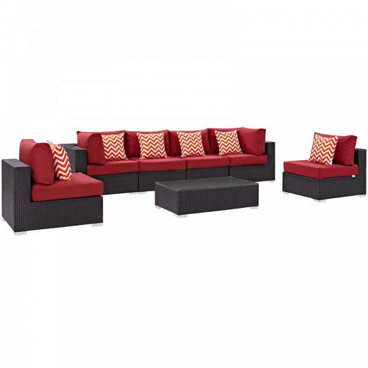 Convene 7 Piece Outdoor Patio Sectional Set, Espresso Red, EEI-2357-EXP-RED-SET