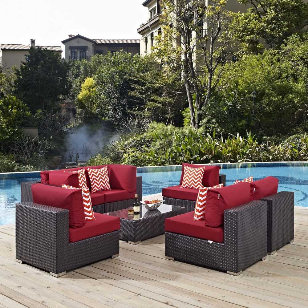 Convene 7 Piece Outdoor Patio Sectional Set, Espresso Red, EEI-2357-EXP-RED-SET