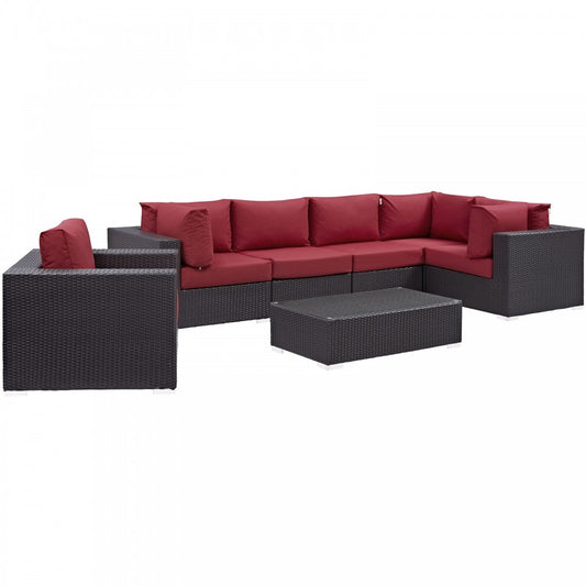 Convene 7 Piece Outdoor Patio Sectional Set, Espresso Red, EEI-2157-EXP-RED-SET