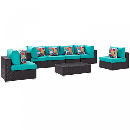 Convene 7 Piece Outdoor Patio Sectional Set, Espresso Turquoise, EEI-2357-EXP-TRQ-SET