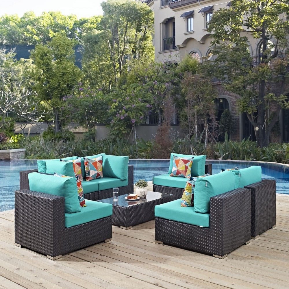 Convene 7 Piece Outdoor Patio Sectional Set, Espresso Turquoise, EEI-2357-EXP-TRQ-SET