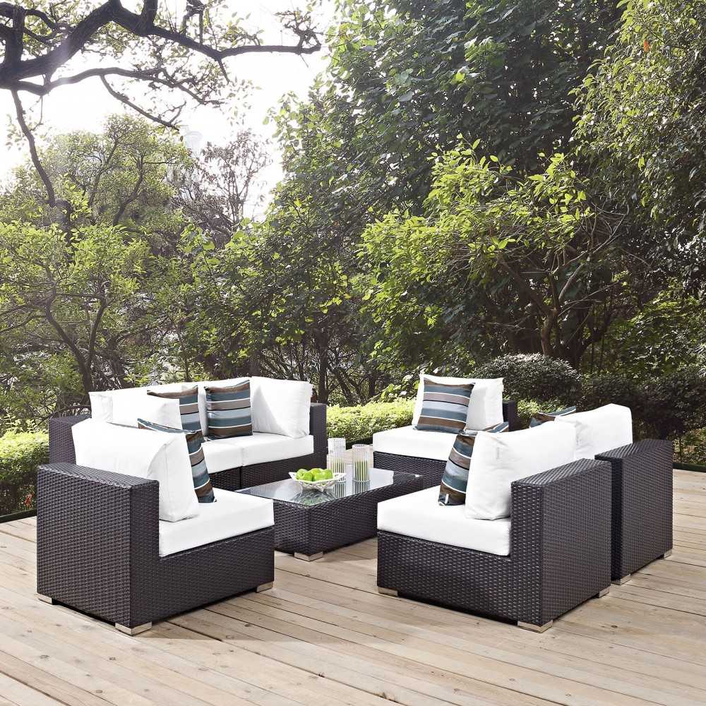 Convene 7 Piece Outdoor Patio Sectional Set, Espresso White, EEI-2357-EXP-WHI-SET