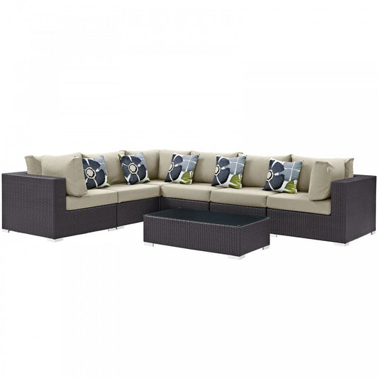 Convene 7 Piece Outdoor Patio Sectional Set, Espresso Beige, EEI-2361-EXP-BEI-SET