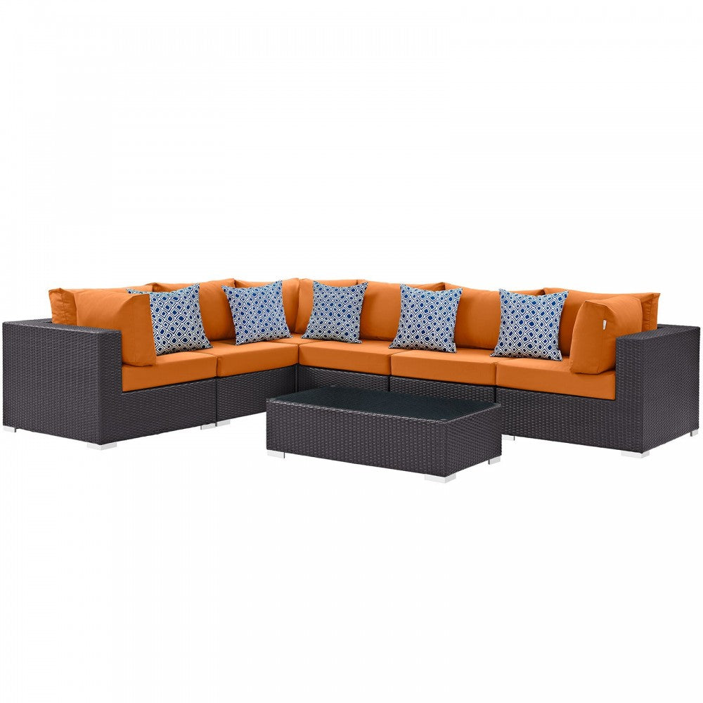 Convene 7 Piece Outdoor Patio Sectional Set, Expresso Orange, EEI-2361-EXP-ORA-SET