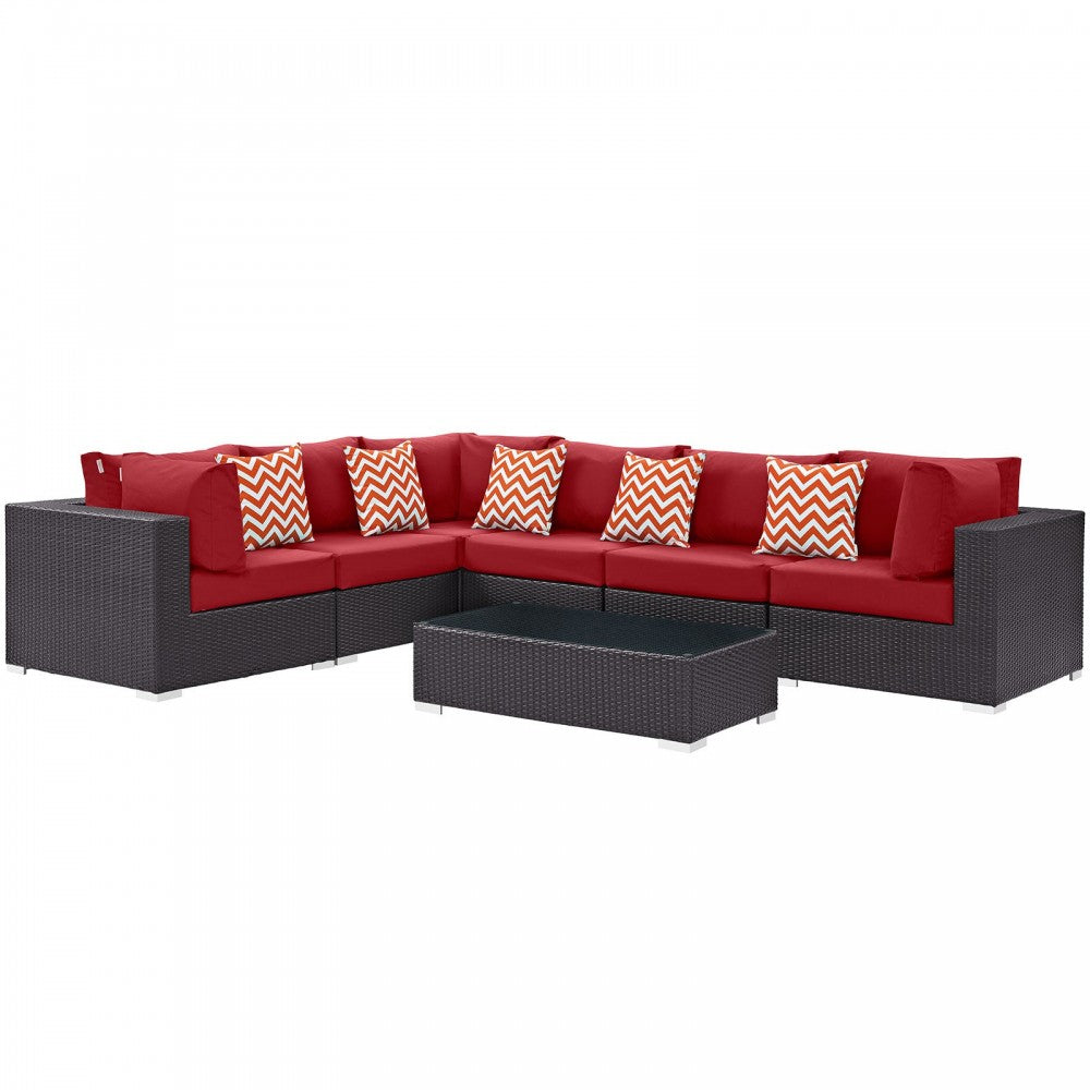 Convene 7 Piece Outdoor Patio Sectional Set, Expresso Red, EEI-2361-EXP-RED-SET