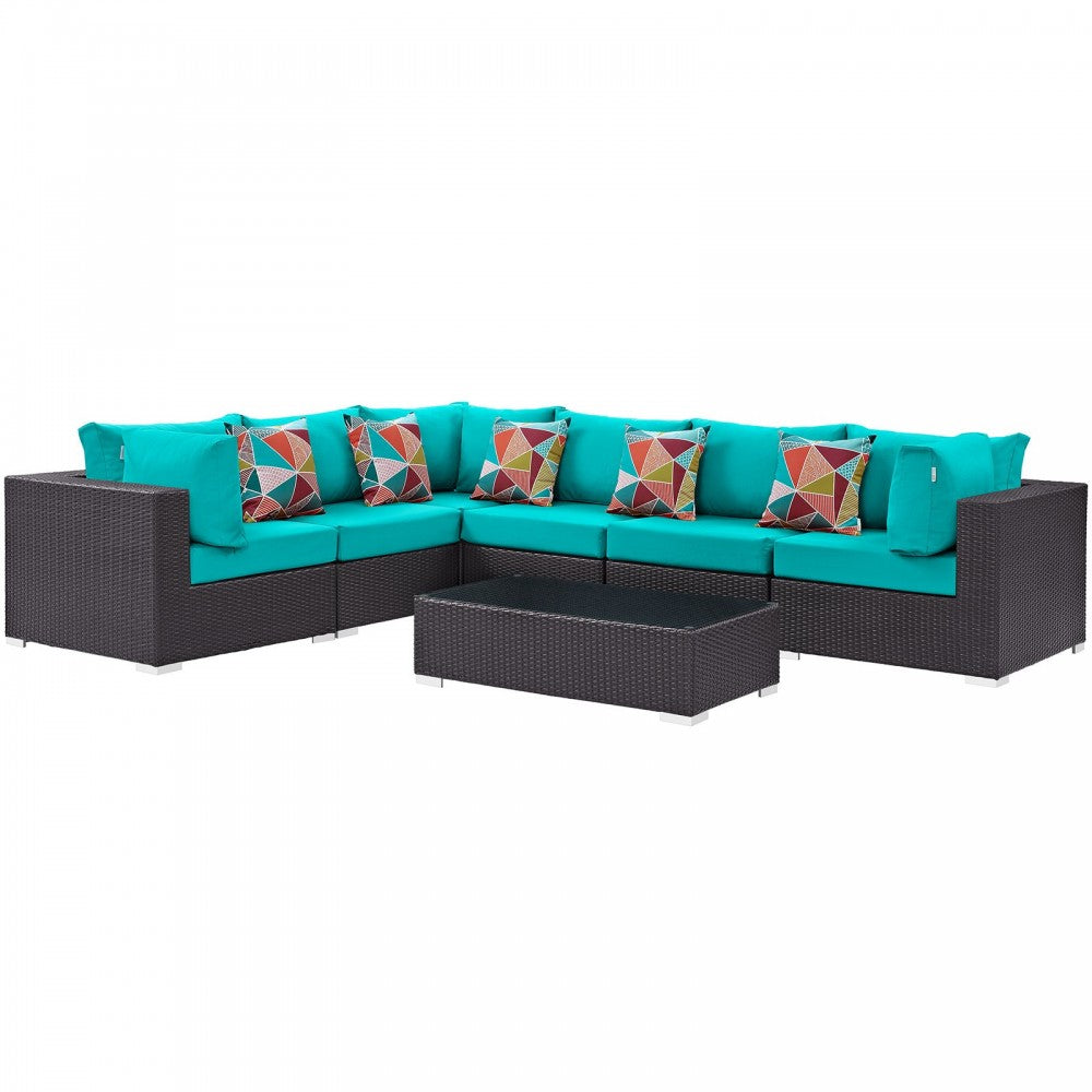 Convene 7 Piece Outdoor Patio Sectional Set, Expresso Turquoise, EEI-2361-EXP-TRQ-SET