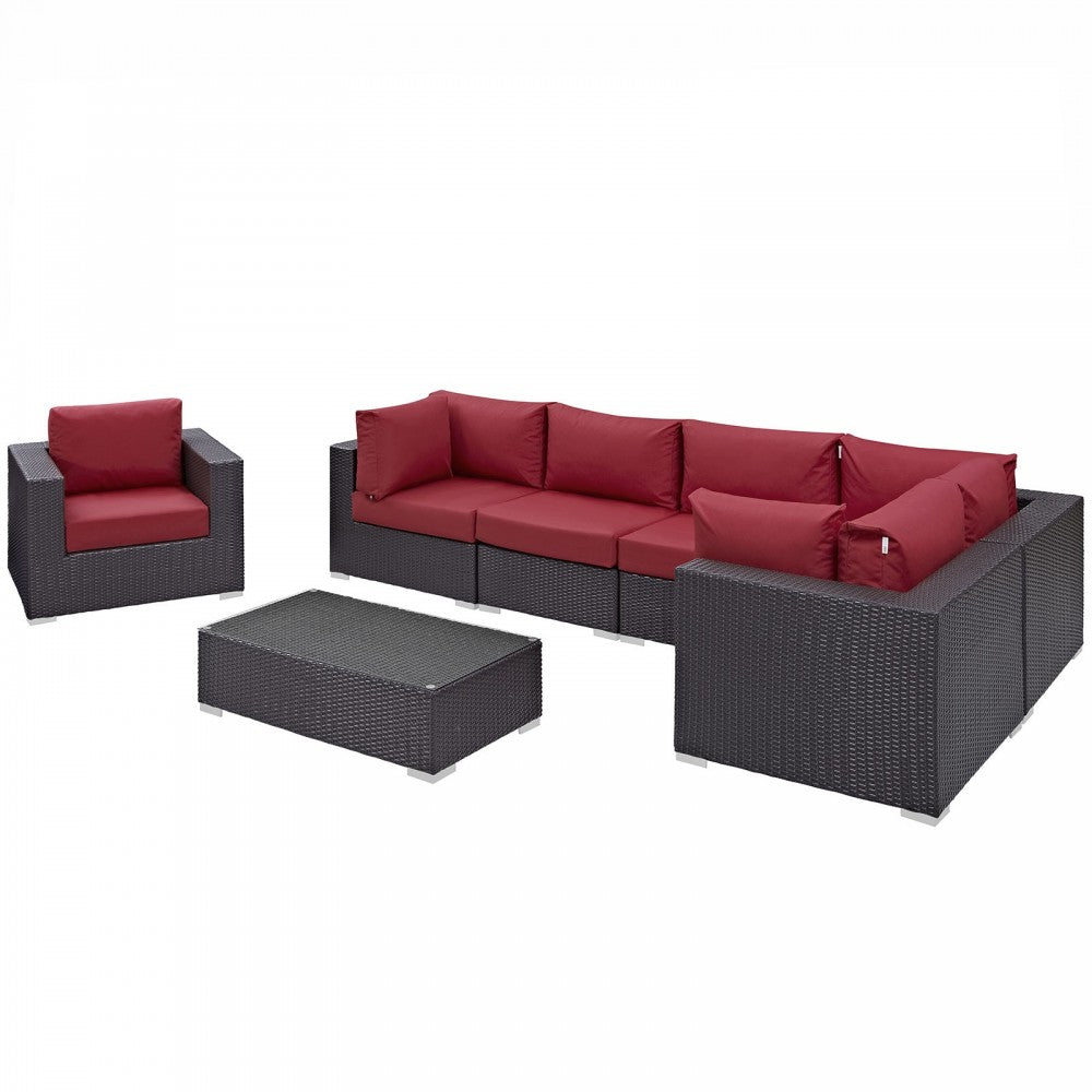 Convene 7 Piece Outdoor Patio Sectional Set, Espresso Red, EEI-2157-EXP-RED-SET