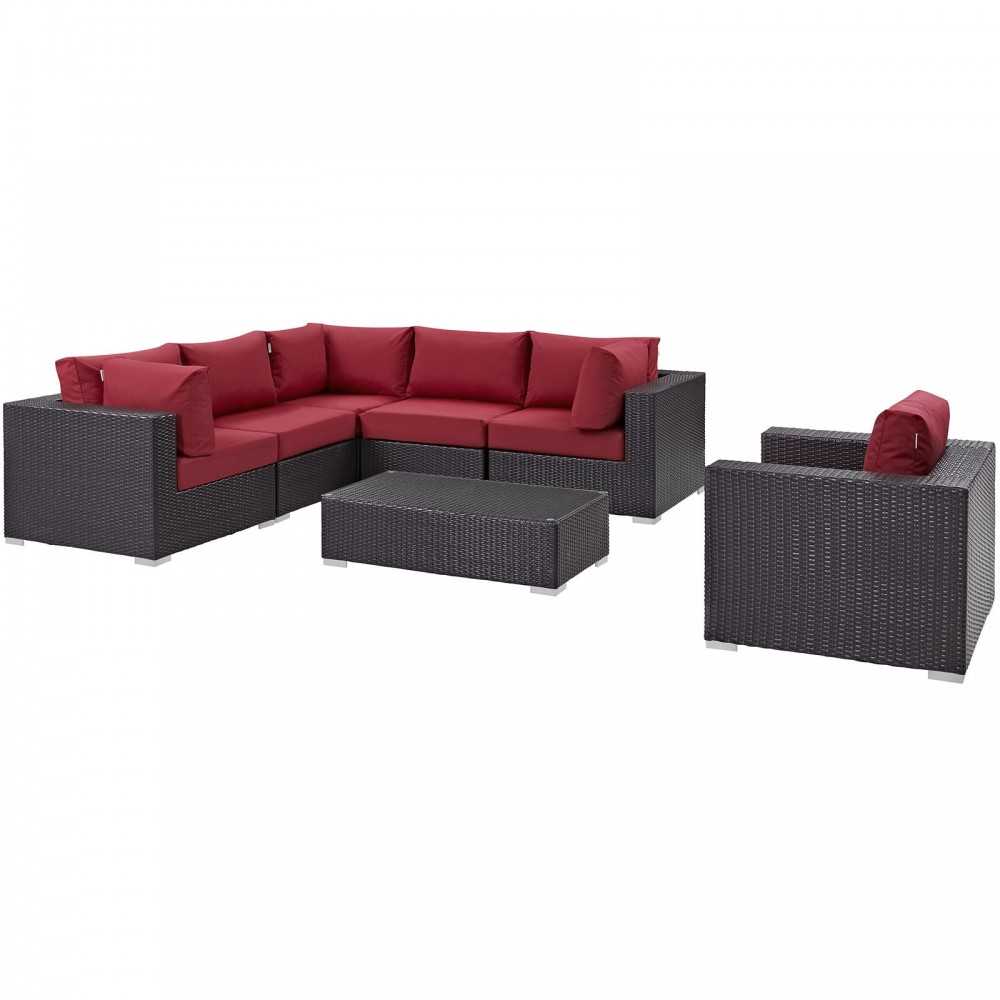 Convene 7 Piece Outdoor Patio Sectional Set, Espresso Red, EEI-2157-EXP-RED-SET