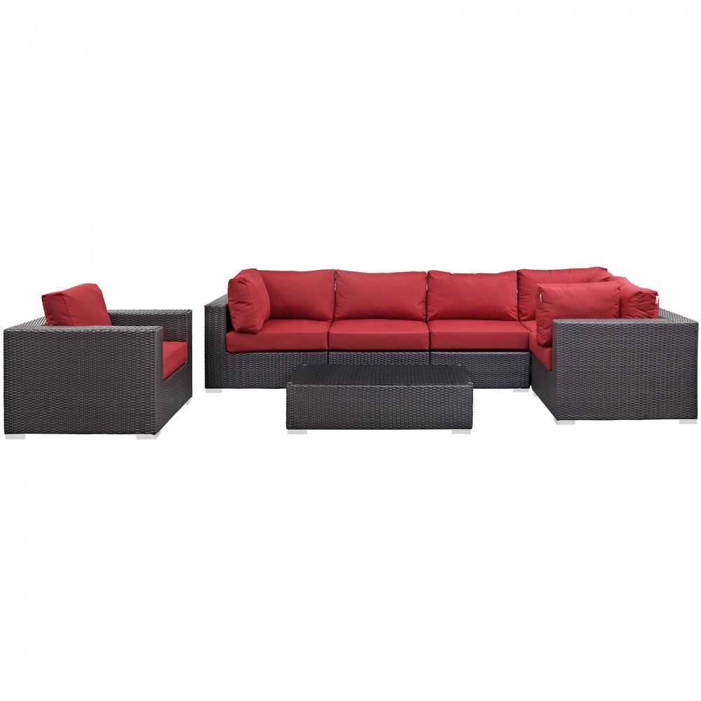 Convene 7 Piece Outdoor Patio Sectional Set, Espresso Red, EEI-2157-EXP-RED-SET