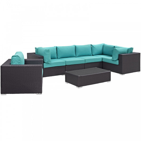 Convene 7 Piece Outdoor Patio Sectional Set, Espresso Turquoise, EEI-2157-EXP-TRQ-SET