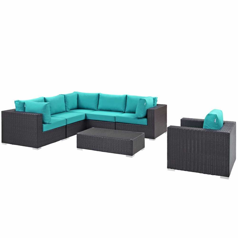 Convene 7 Piece Outdoor Patio Sectional Set, Espresso Turquoise, EEI-2157-EXP-TRQ-SET