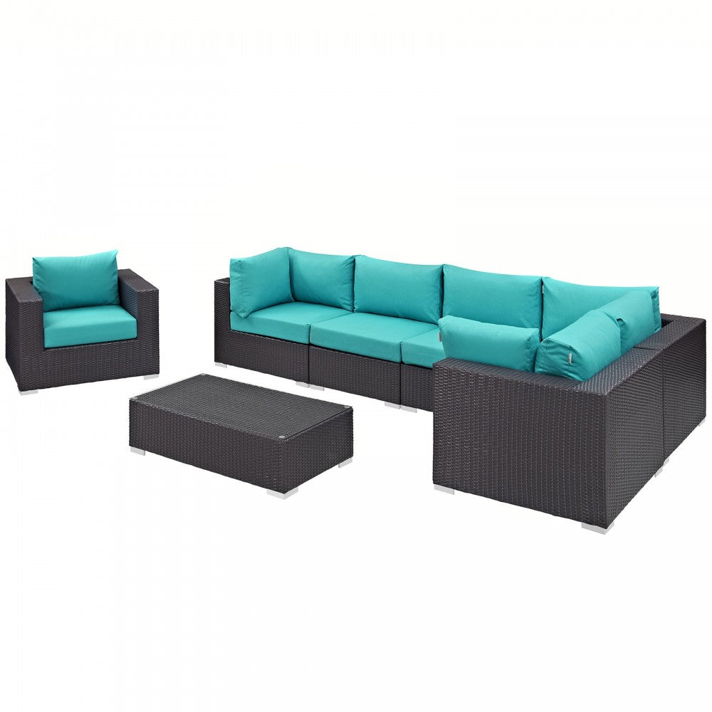 Convene 7 Piece Outdoor Patio Sectional Set, Espresso Turquoise, EEI-2157-EXP-TRQ-SET