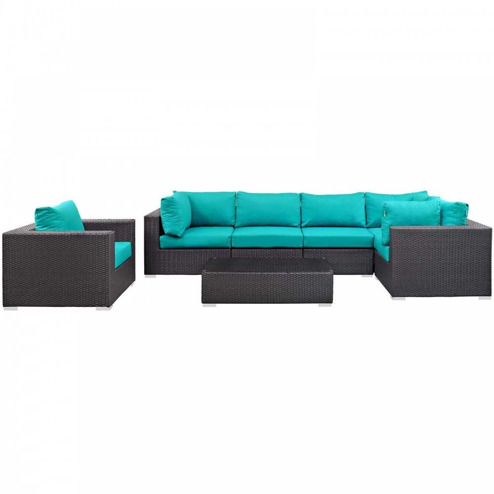 Convene 7 Piece Outdoor Patio Sectional Set, Espresso Turquoise, EEI-2157-EXP-TRQ-SET