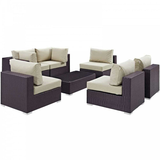 Convene 7 Piece Outdoor Patio Sectional Set, Espresso Beige, EEI-2164-EXP-BEI-SET