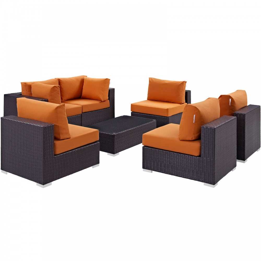 Convene 7 Piece Outdoor Patio Sectional Set, Espresso Orange, EEI-2164-EXP-ORA-SET