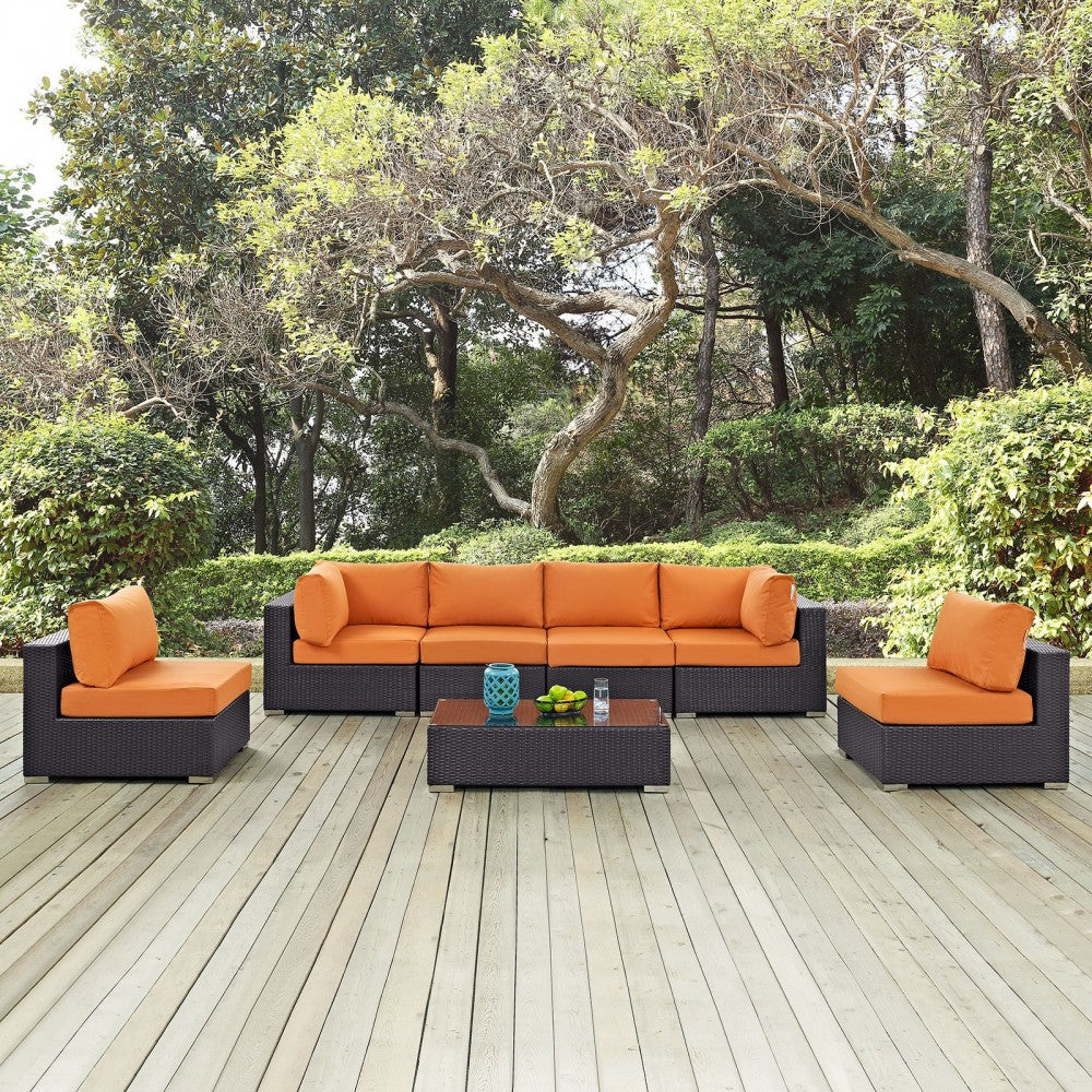 Convene 7 Piece Outdoor Patio Sectional Set, Espresso Orange, EEI-2164-EXP-ORA-SET