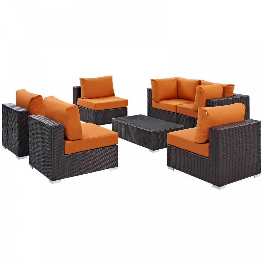 Convene 7 Piece Outdoor Patio Sectional Set, Espresso Orange, EEI-2164-EXP-ORA-SET