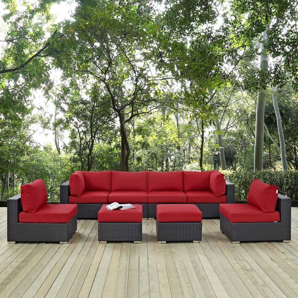 Convene 8 Piece Outdoor Patio Sectional Set, Espresso Red, EEI-2204-EXP-RED-SET