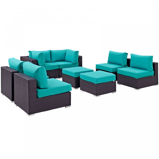 Convene 8 Piece Outdoor Patio Sectional Set, Espresso Turquoise, EEI-2204-EXP-TRQ-SET