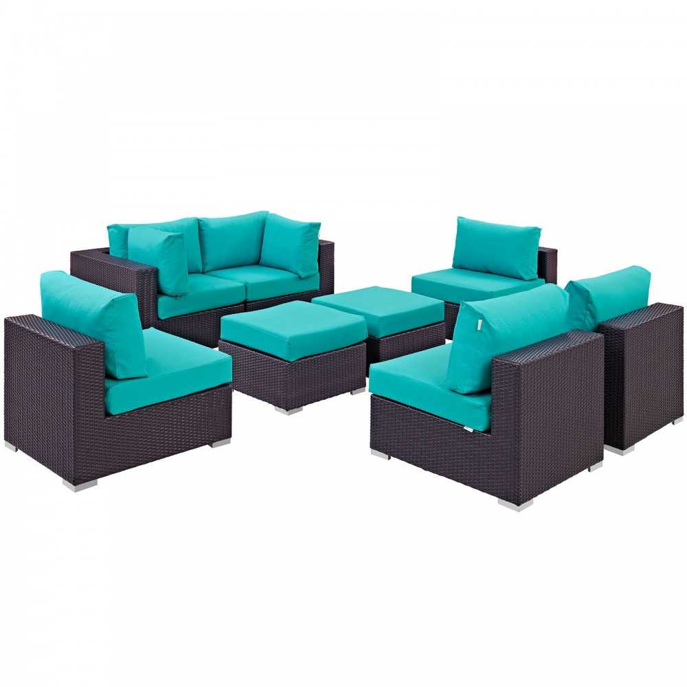 Convene 8 Piece Outdoor Patio Sectional Set, Espresso Turquoise, EEI-2204-EXP-TRQ-SET