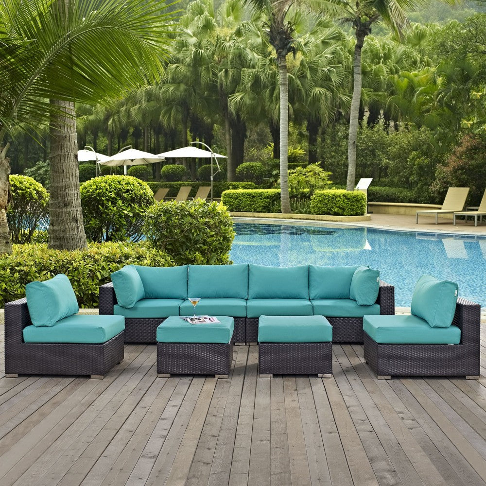 Convene 8 Piece Outdoor Patio Sectional Set, Espresso Turquoise, EEI-2204-EXP-TRQ-SET