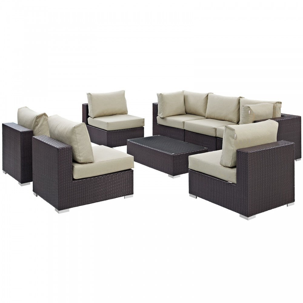 Convene 8 Piece Outdoor Patio Sectional Set, Espresso Beige, EEI-2205-EXP-BEI-SET