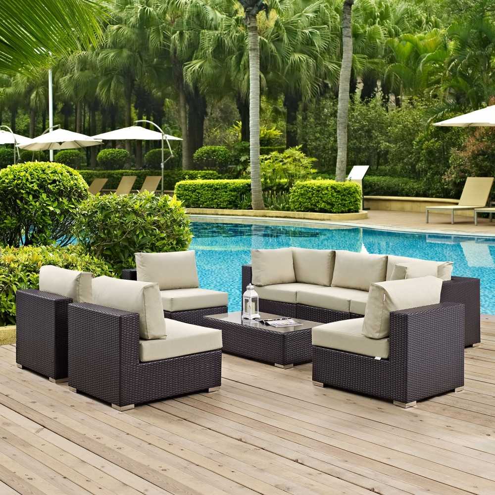 Convene 8 Piece Outdoor Patio Sectional Set, Espresso Beige, EEI-2205-EXP-BEI-SET