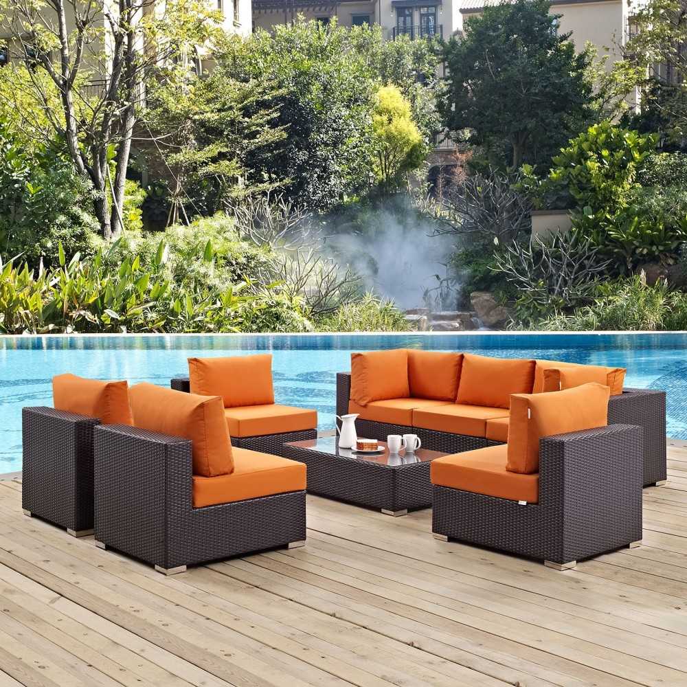 Convene 8 Piece Outdoor Patio Sectional Set, Espresso Orange, EEI-2205-EXP-ORA-SET