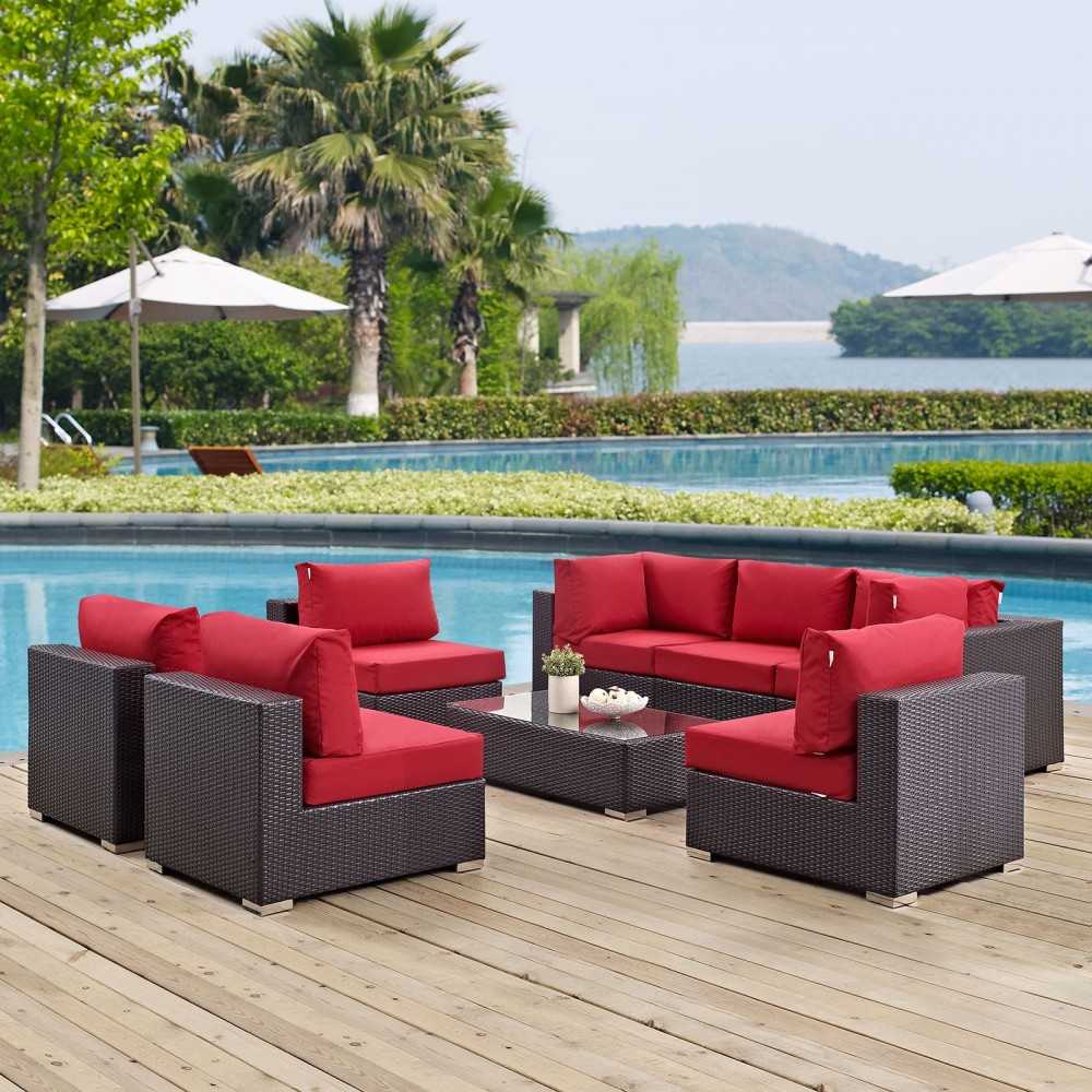 Convene 8 Piece Outdoor Patio Sectional Set, Espresso Red, EEI-2205-EXP-RED-SET