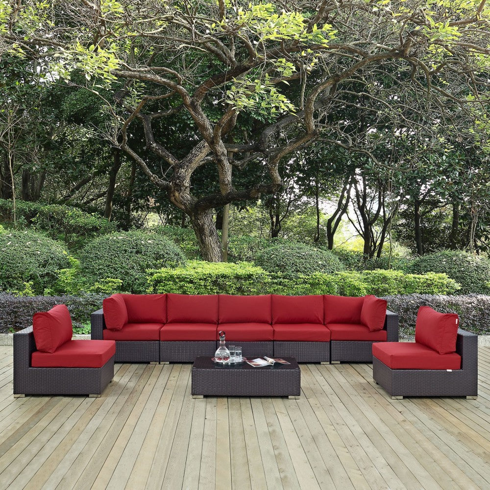 Convene 8 Piece Outdoor Patio Sectional Set, Espresso Red, EEI-2205-EXP-RED-SET