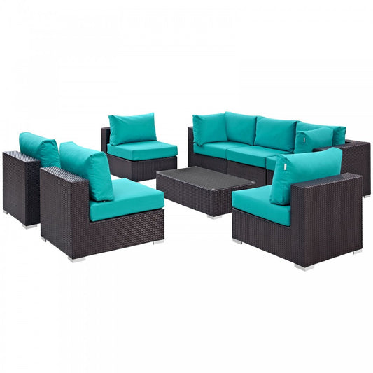 Convene 8 Piece Outdoor Patio Sectional Set, Espresso Turquoise, EEI-2205-EXP-TRQ-SET