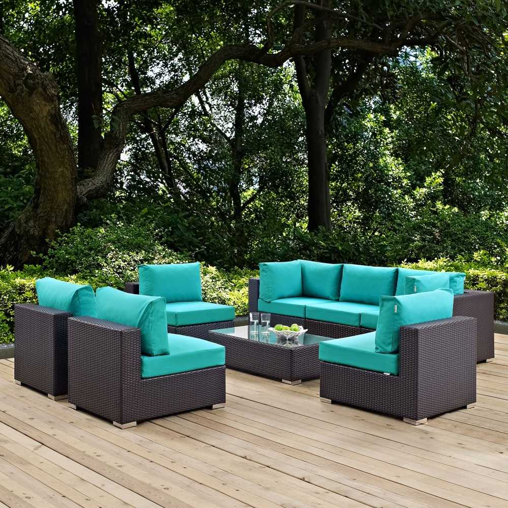 Convene 8 Piece Outdoor Patio Sectional Set, Espresso Turquoise, EEI-2205-EXP-TRQ-SET