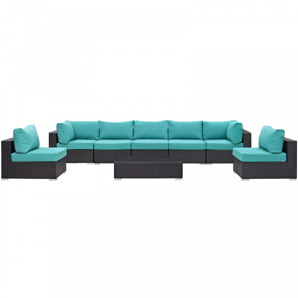 Convene 8 Piece Outdoor Patio Sectional Set, Espresso Turquoise, EEI-2205-EXP-TRQ-SET