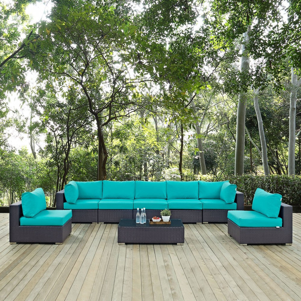 Convene 8 Piece Outdoor Patio Sectional Set, Espresso Turquoise, EEI-2205-EXP-TRQ-SET