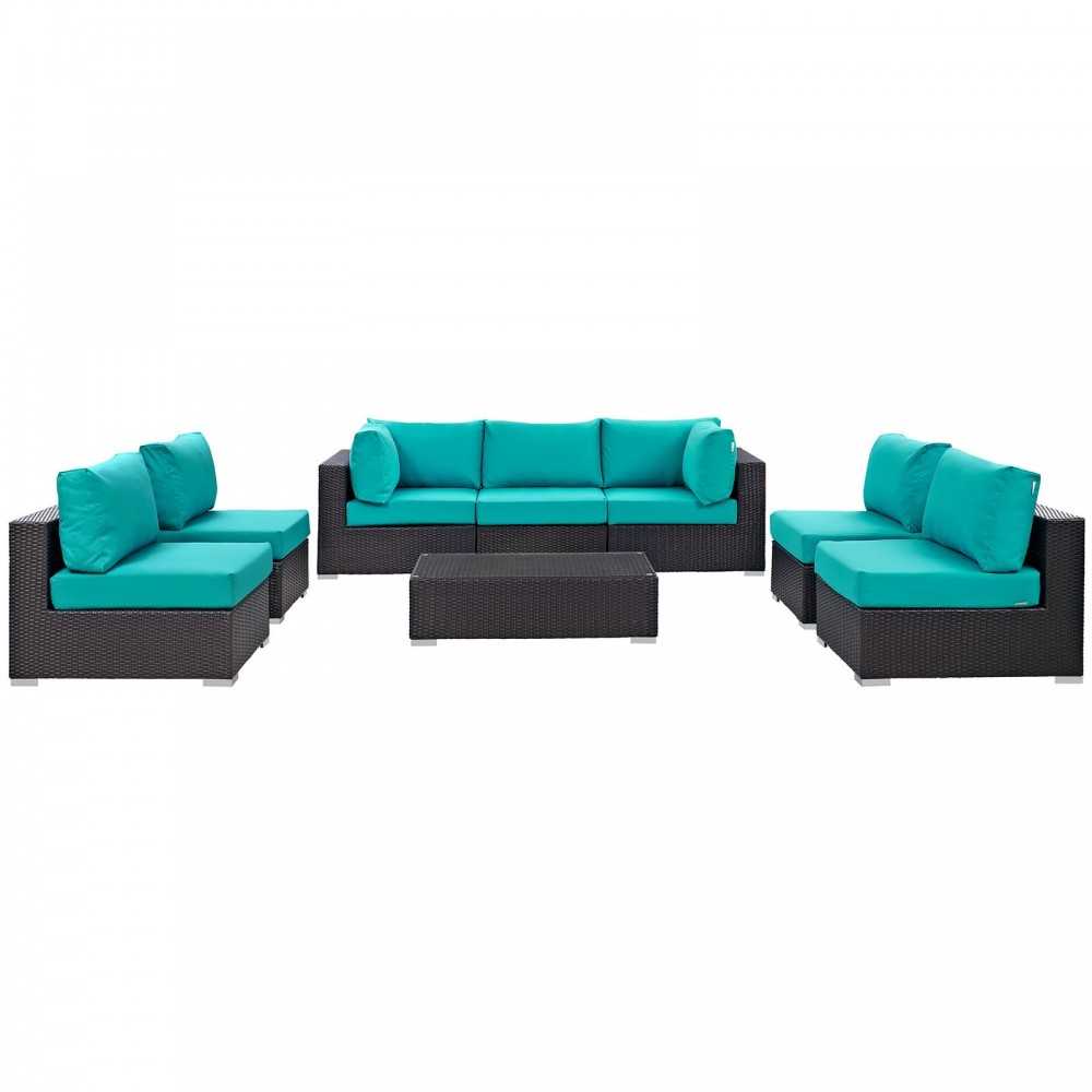 Convene 8 Piece Outdoor Patio Sectional Set, Espresso Turquoise, EEI-2205-EXP-TRQ-SET